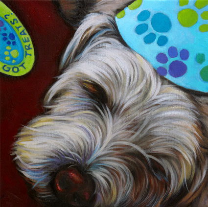 Pet portrait of Oliver, with party hat, from San Diego